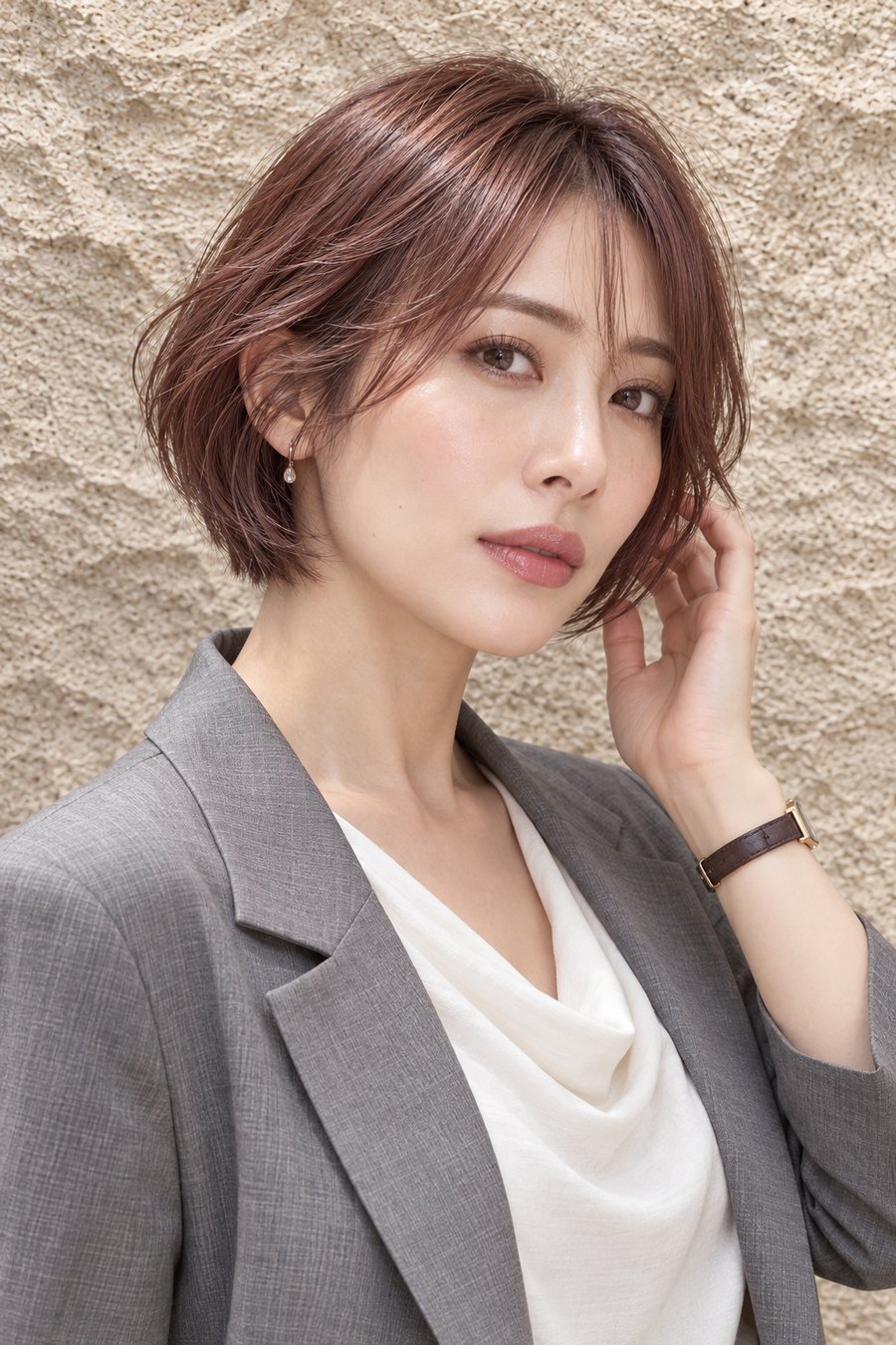 The neat look of a short bob with GU's drape-neck T-shirt