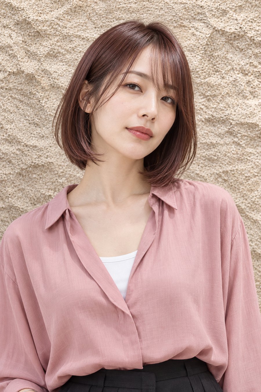 ユニクロのレーヨンスキッパーブラウスに似合うくびれボブ