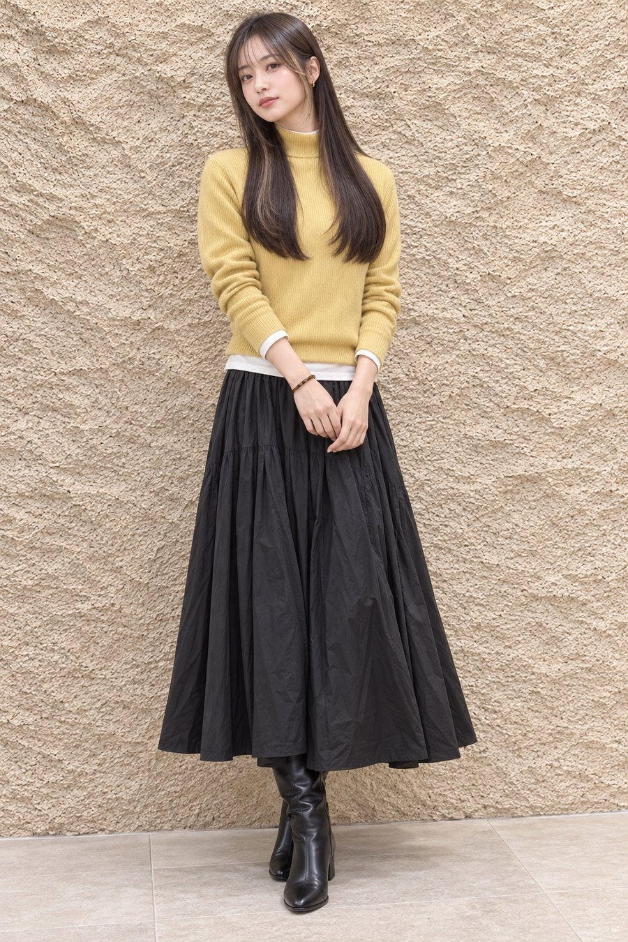 ユニクロのメリノリブタートルネックセーターと艶ロングストレート｜京橋の休日（全身のコーディネートのイメージ）
