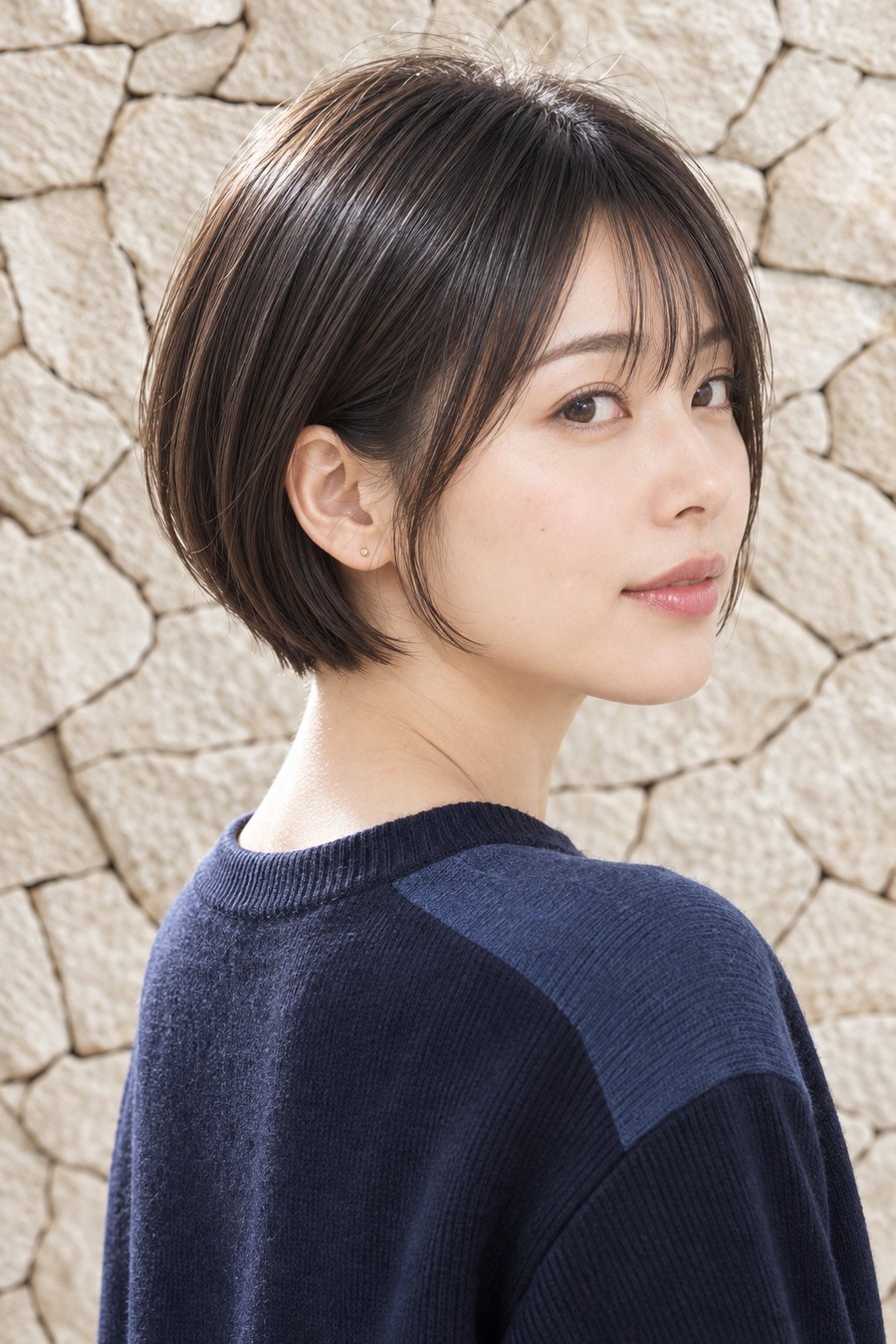 ネイビー服に合うミニボブと暗髪の抜け感
