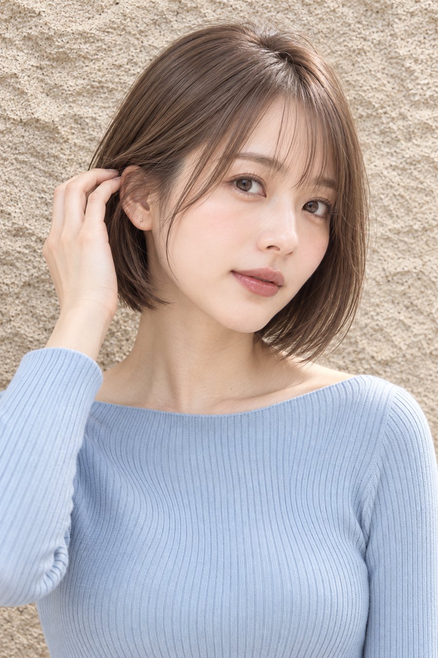 秋ニットに合うやわらかボブとベージュカラー