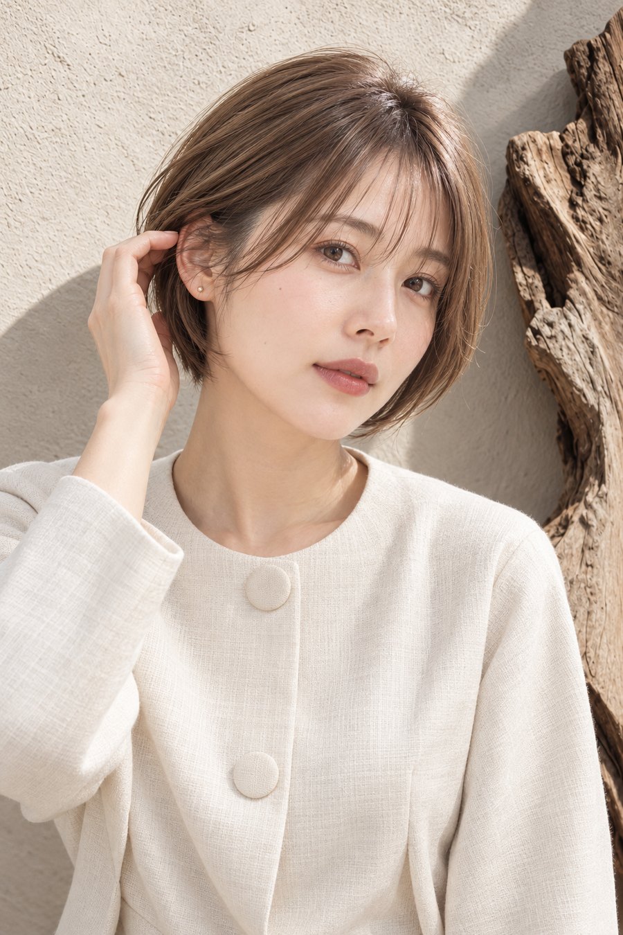 秋服に合う丸みショートボブとやわらかベージュ(ヘアスタイルのイメージ)