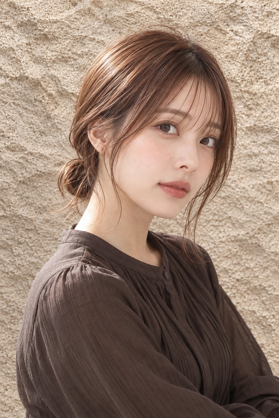 秋のニットに合うカッパーブラウンの小さなお団子
