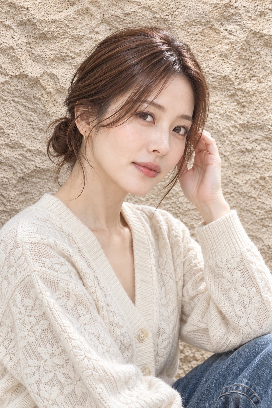 秋の首元すっきり低めお団子ヘアアレンジ
