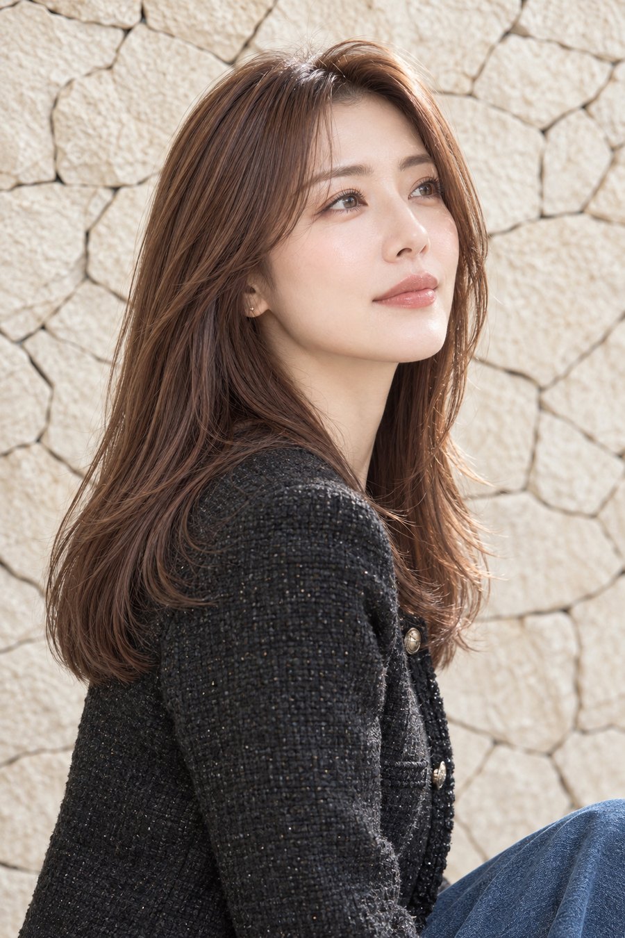 秋服に合うカッパーブラウンのやわらかセミロング（ヘアスタイルのイメージ）