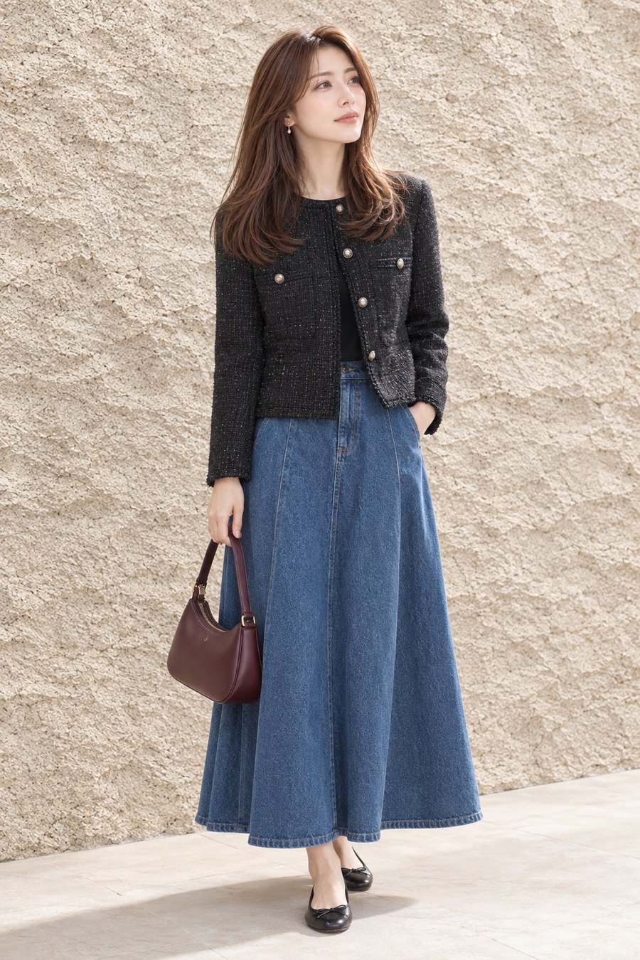 秋服に合うカッパーブラウンのやわらかセミロング（全身のコーディネートのイメージ）
