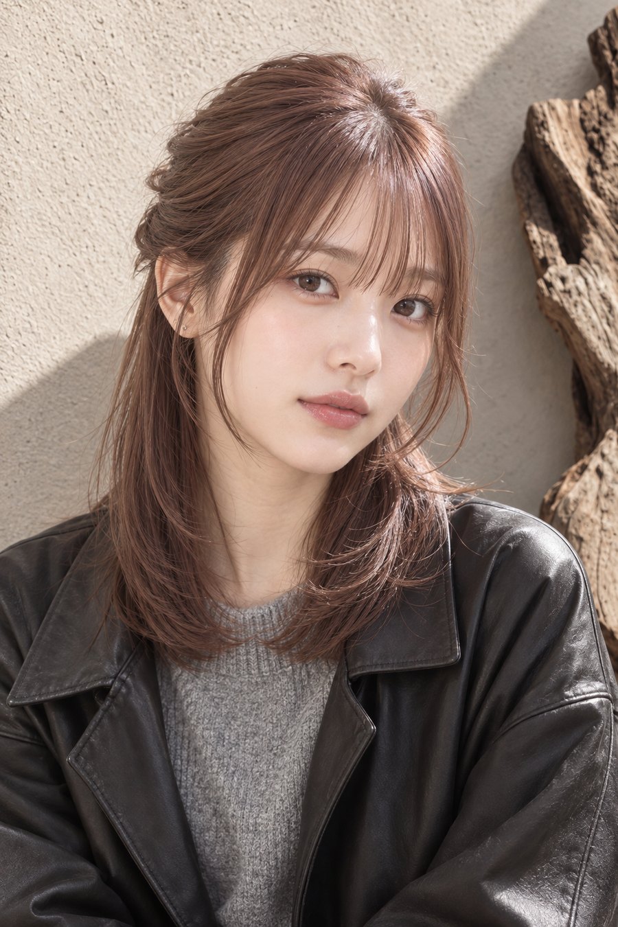 グレーニットに似合うくびれミディアムとピンクブラウン(ヘアスタイルのイメージ)