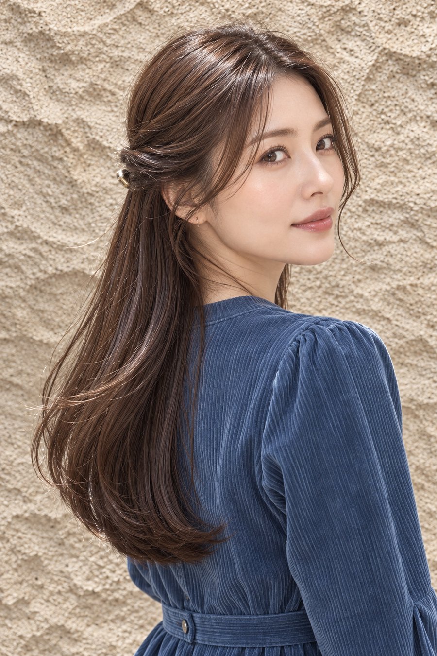 秋に映える艶ロングとブルーコーデの相性（ヘアスタイルのイメージ）