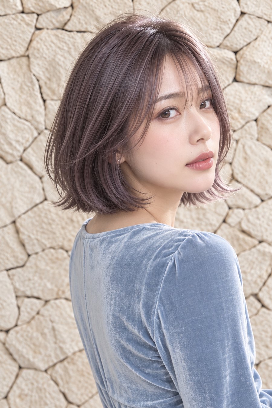 秋服に合うラベンダーアッシュの外ハネボブ(ヘアスタイルのイメージ)