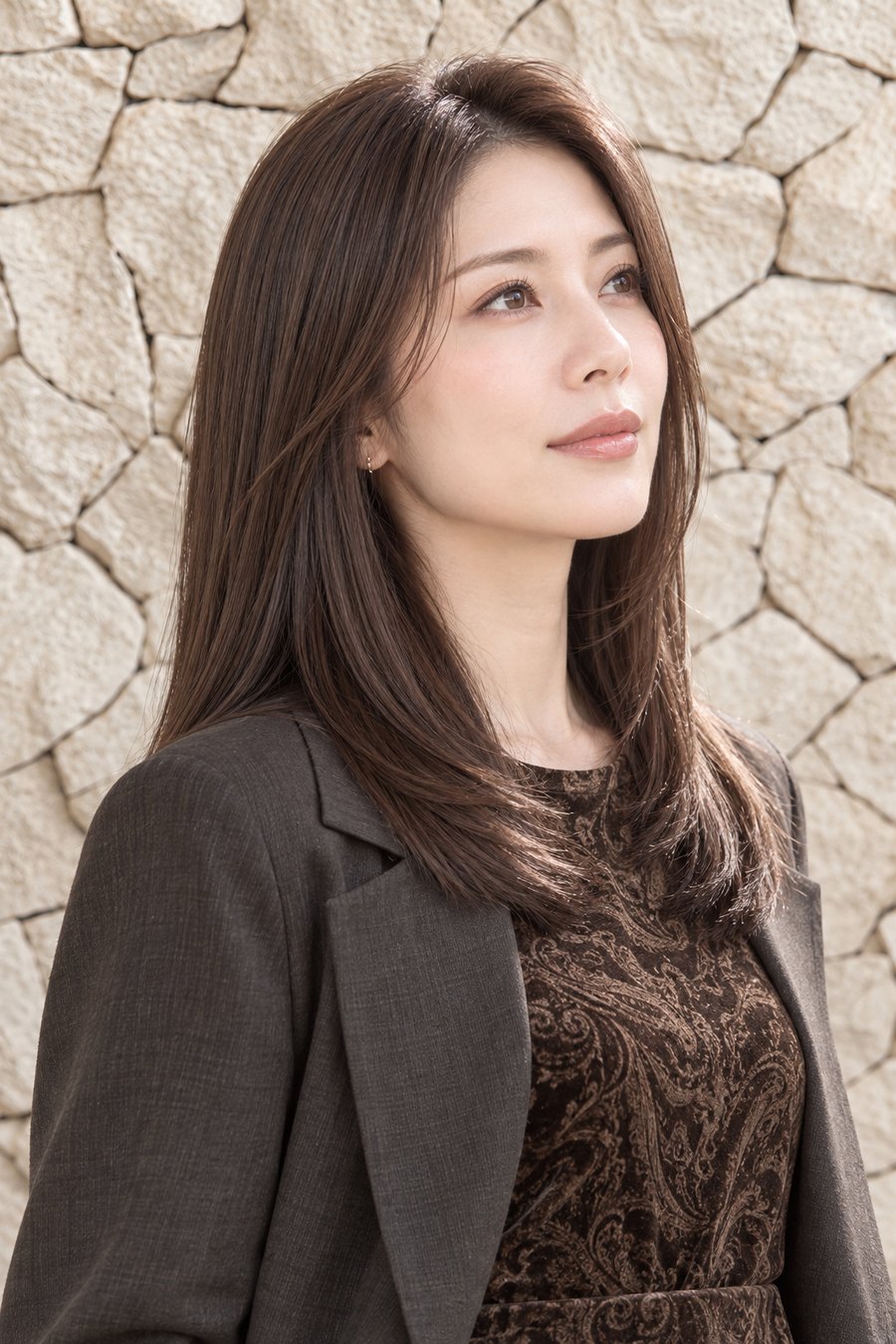 秋の深み色に映える艶セミロングの髪質改善（ヘアスタイルのイメージ）