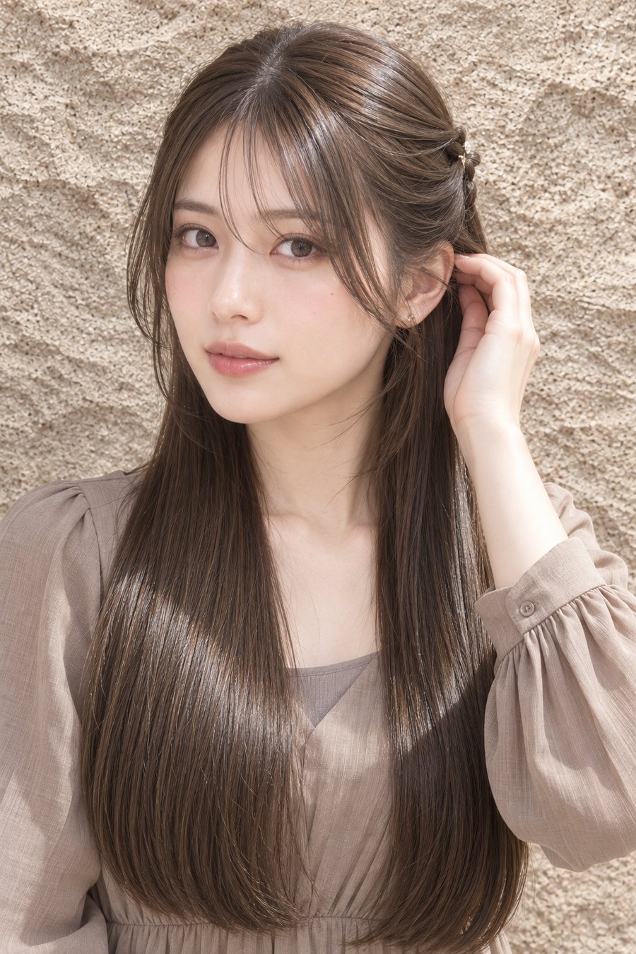 秋の艶ロングストレートとオリーブベージュの髪型（ヘアスタイルのイメージ）