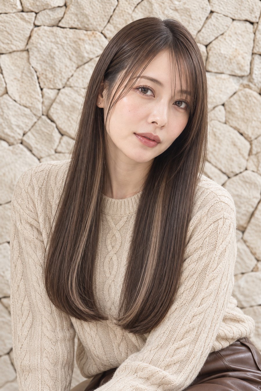 秋に似合う艶ロング｜ベージュニットに映える髪型（ヘアスタイルのイメージ）