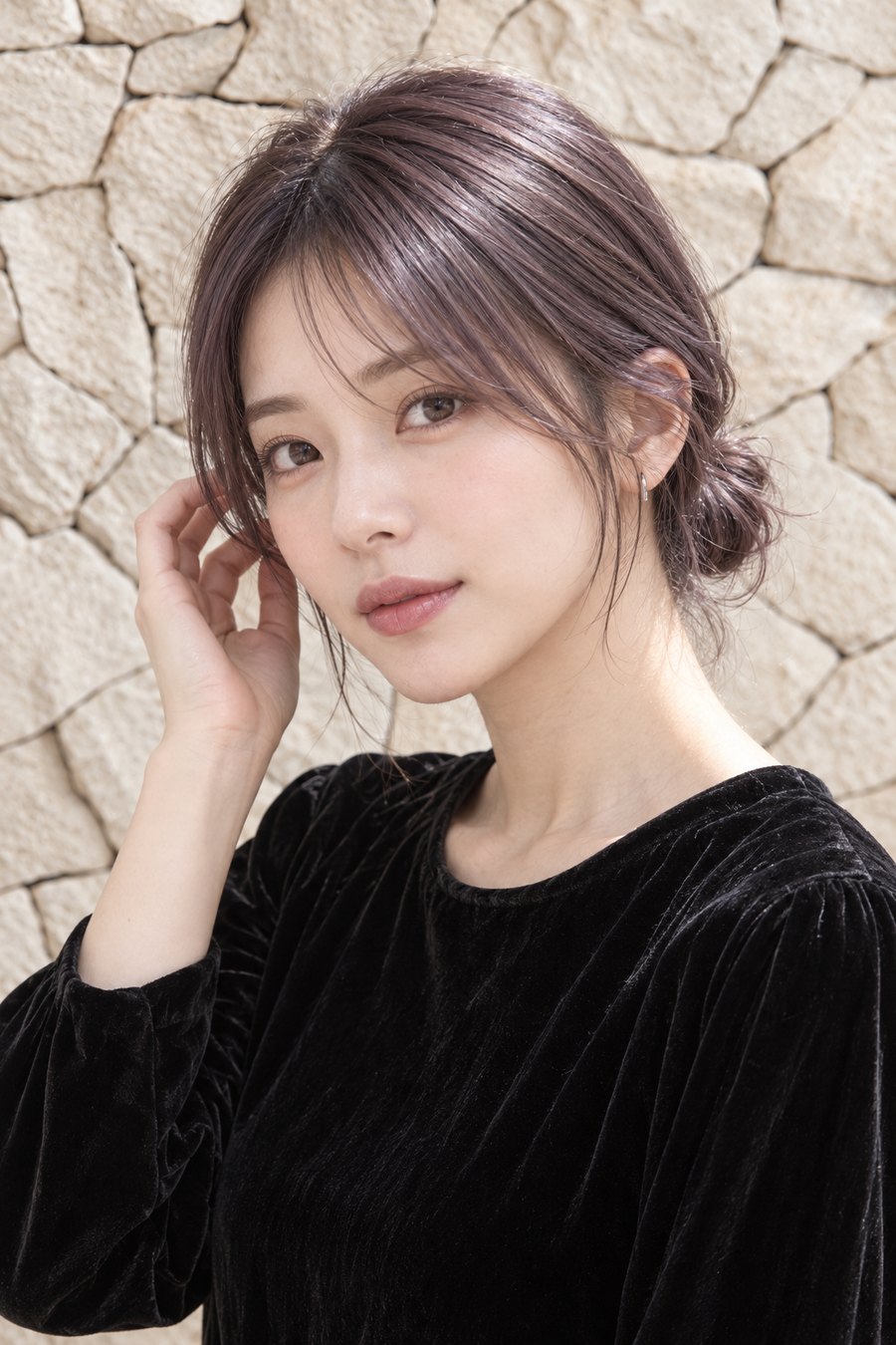秋服に合うラベンダーアッシュのショートボブ（ヘアスタイルのイメージ）
