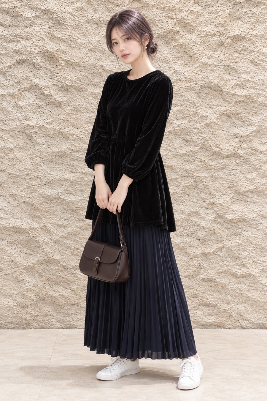 秋服に合うラベンダーアッシュのショートボブ（全身のコーディネートのイメージ）