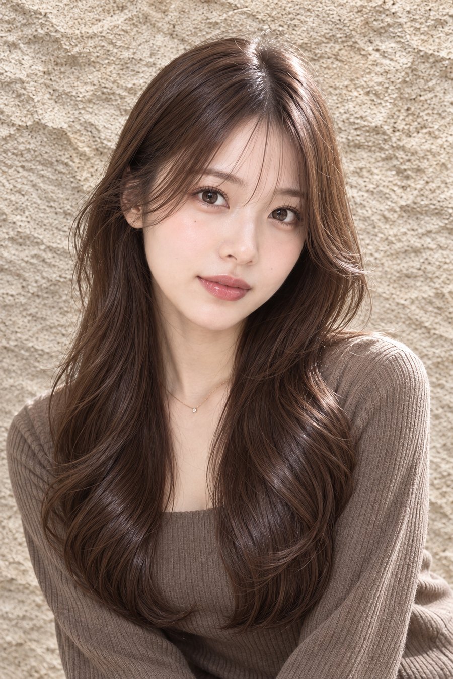 広がりをおさえる艶ロングとチョコレートブラウン（ヘアスタイルのイメージ）