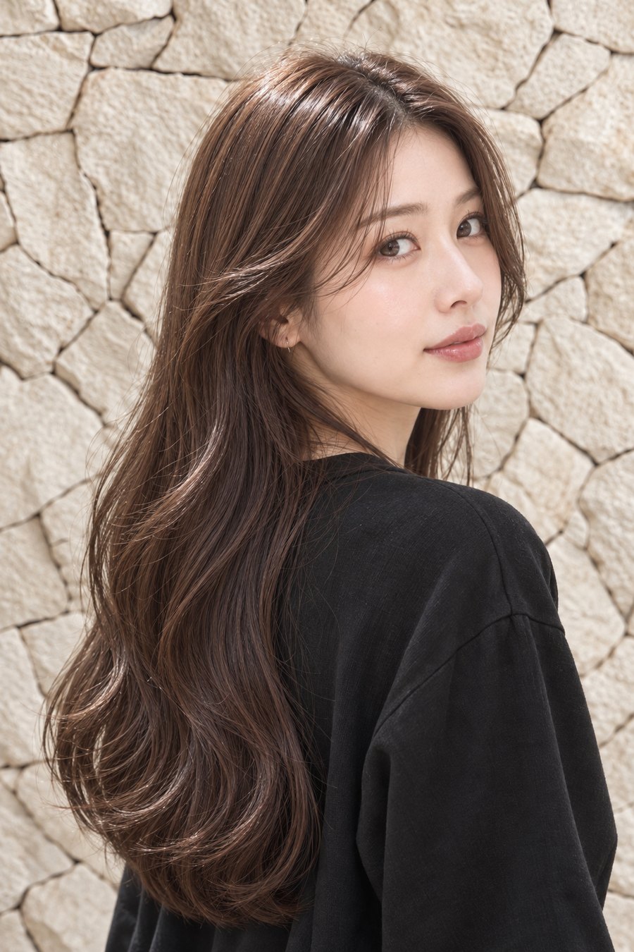 艶ロング×チョコブラウンで黒スウェットを品よく見せる髪型（ヘアスタイルのイメージ）
