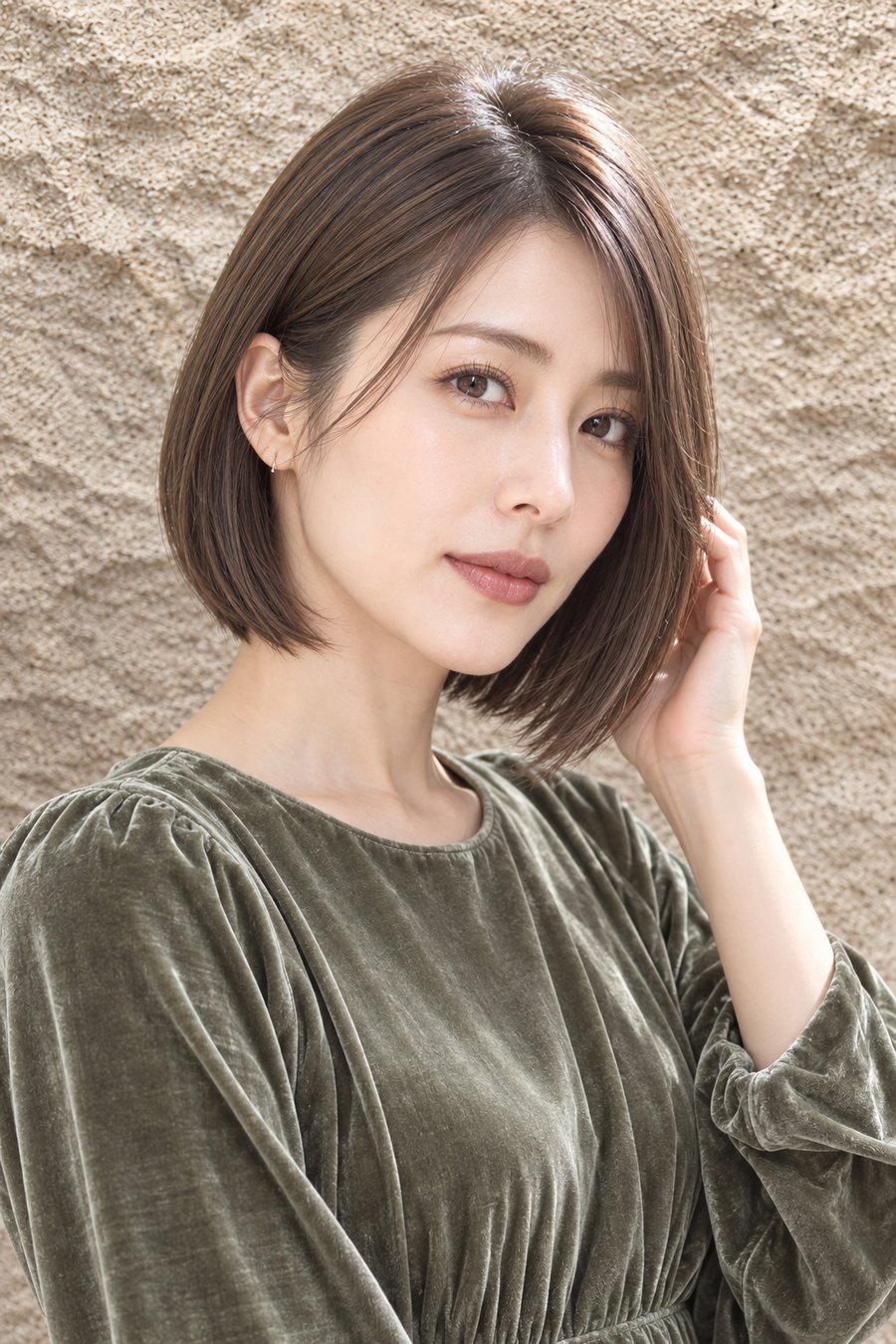 セージカラーの服に似合う艶ボブとグレージュ（ヘアスタイルのイメージ）