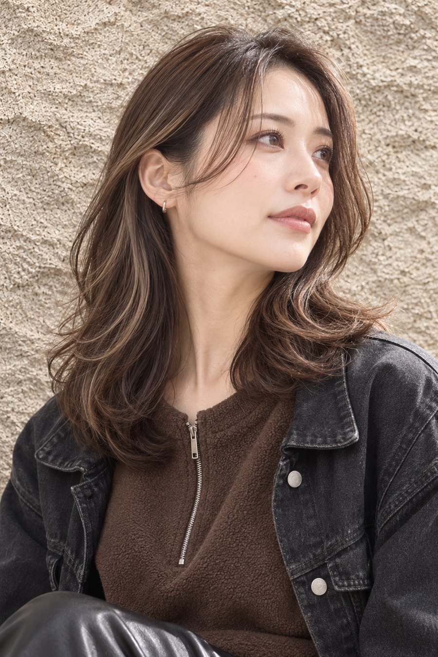 秋のフリースに合うやわらかセミロングの髪型(ヘアスタイルのイメージ)