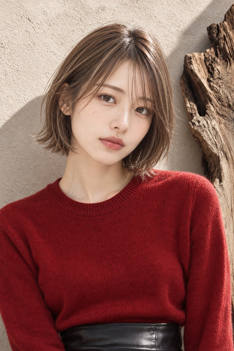 レッドニットに合う軽やかショートボブとハイライト(ヘアスタイルのイメージ)