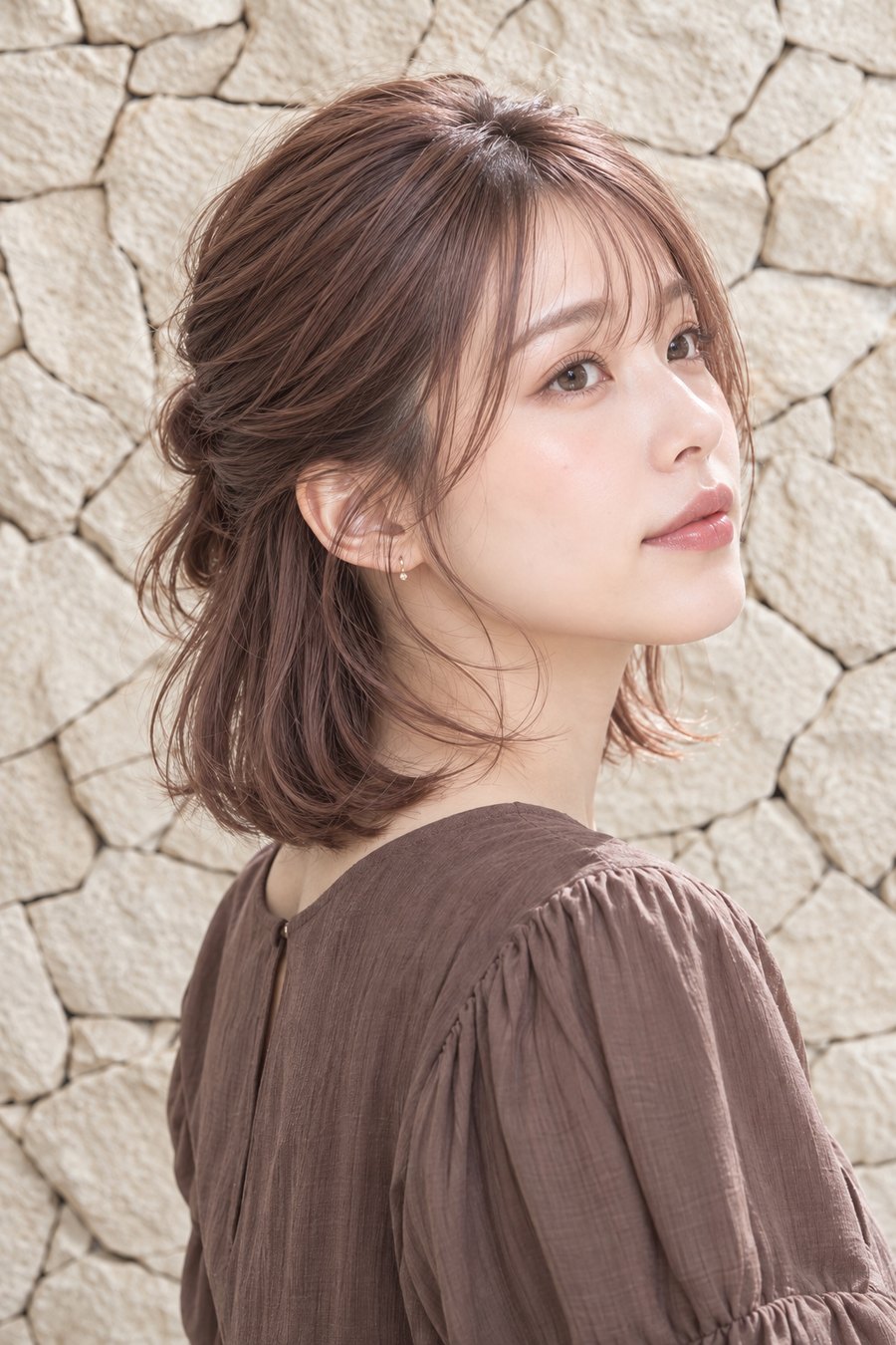 秋の広がりをおさえるピンクブラウンのボブ(ヘアスタイルのイメージ)