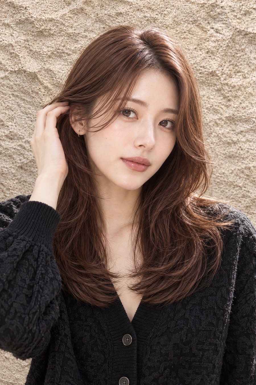 秋のニットに映えるカッパーブラウンセミロング（ヘアスタイルのイメージ）